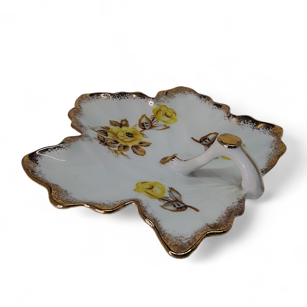 Leaf Shaped Trinket Dish Yellow Roses Gold Accent Decorative‎ Plate Vintage